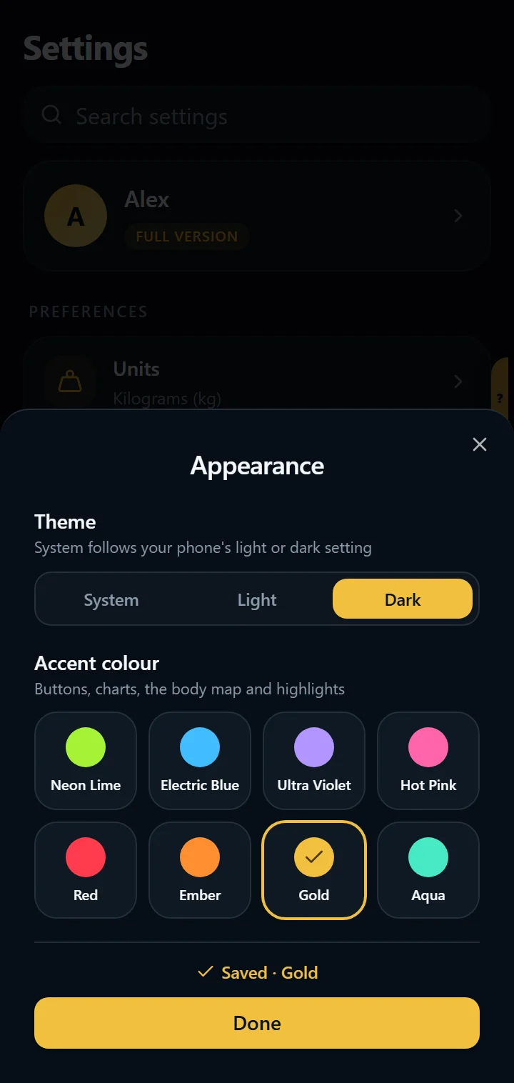IronBuddy appearance settings: dark theme and accent colors, with Gold picked and saved