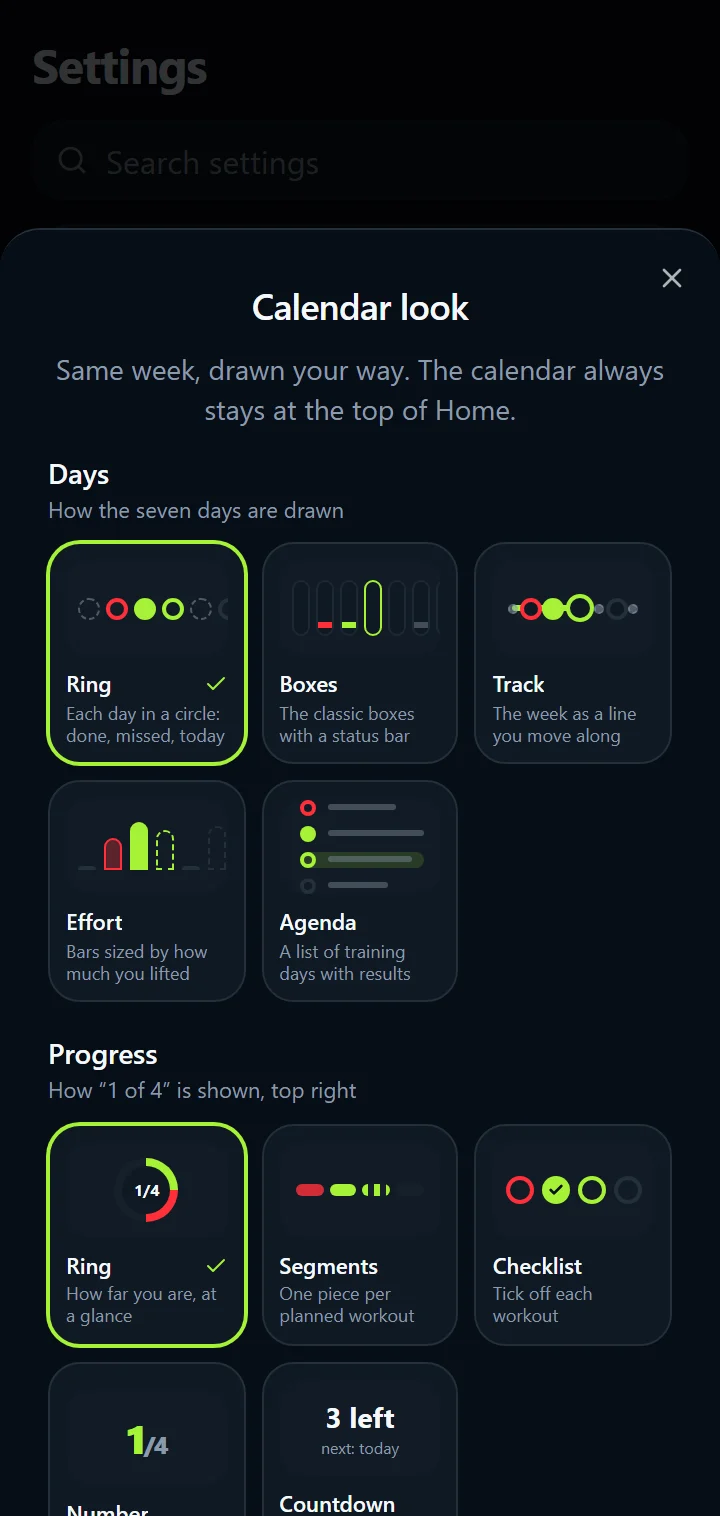 IronBuddy calendar look settings: five day styles, five progress styles and the greeting above the calendar