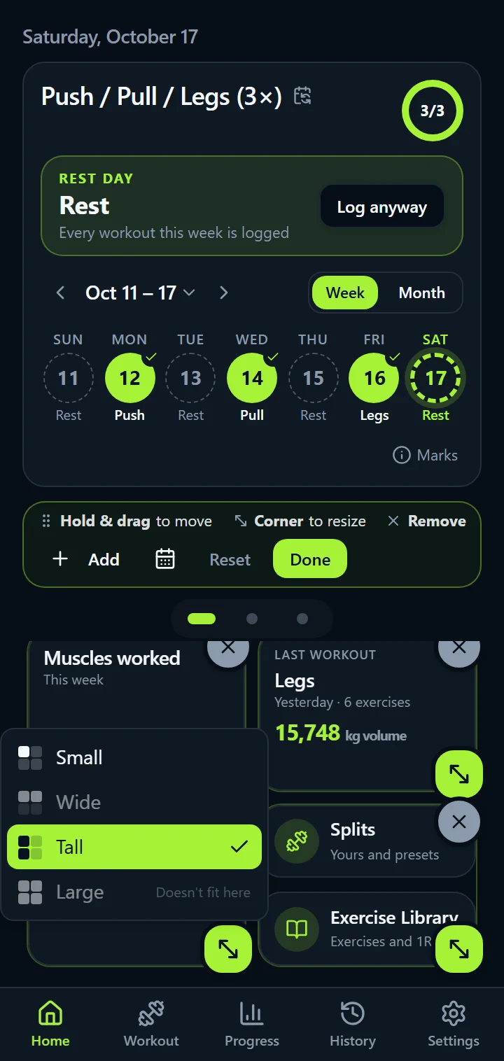 IronBuddy Customise Home with a widget's size menu open: Small, Wide, Tall or Large