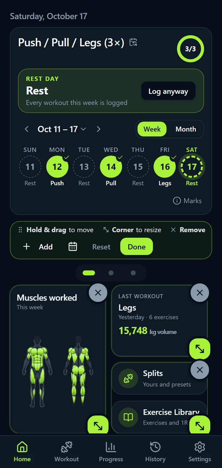 IronBuddy customizable home screen: widgets with remove and resize handles, Add, Calendar look, Reset and Done