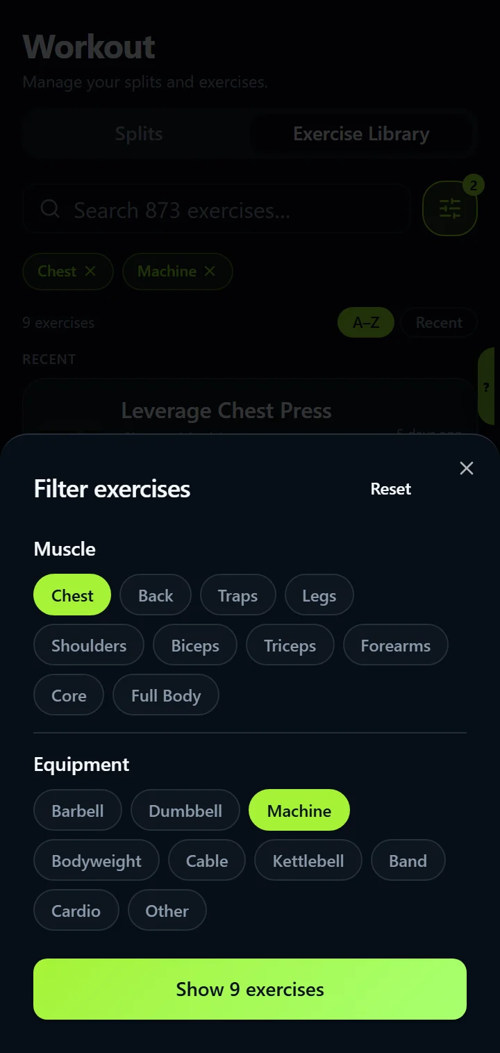IronBuddy exercise library filters: muscle groups and equipment, with Chest and Machine selected