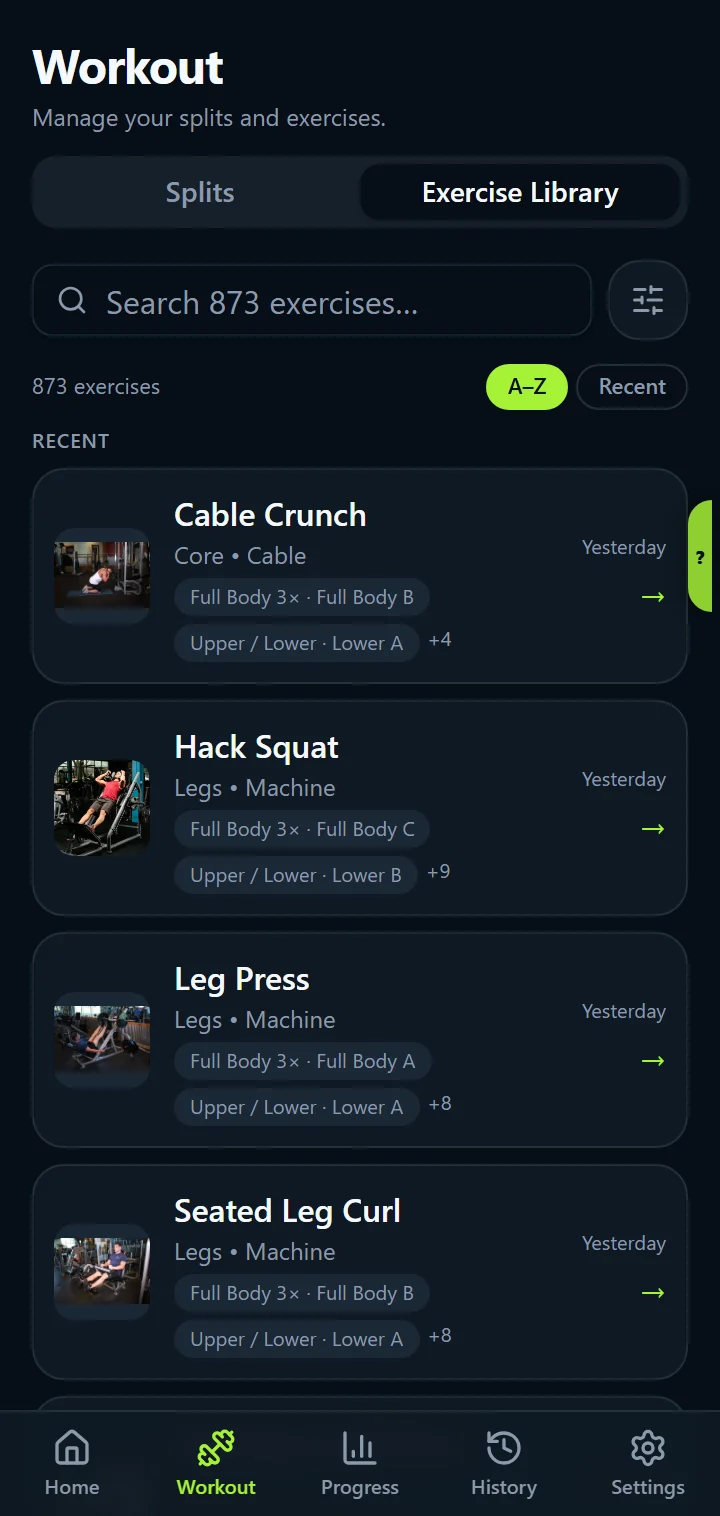 IronBuddy exercise library with recently done exercises, A–Z or Recent sorting and a filter button