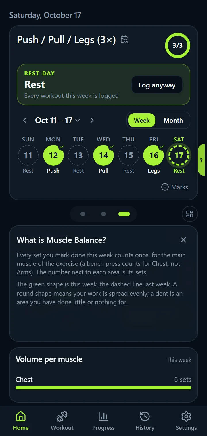 IronBuddy's Muscle Balance widget with its explanation open: every set counts once, for the main muscle of the exercise
