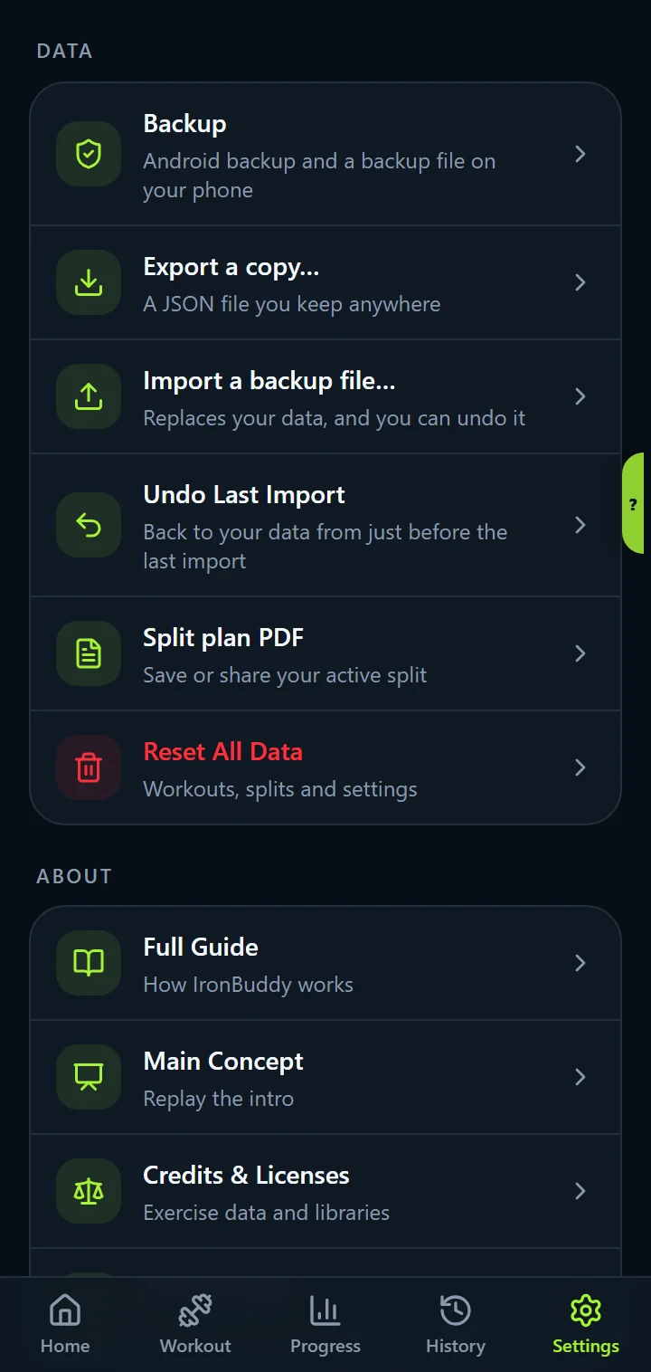 IronBuddy data settings: Android backup, JSON export and import, undo import and a split plan PDF