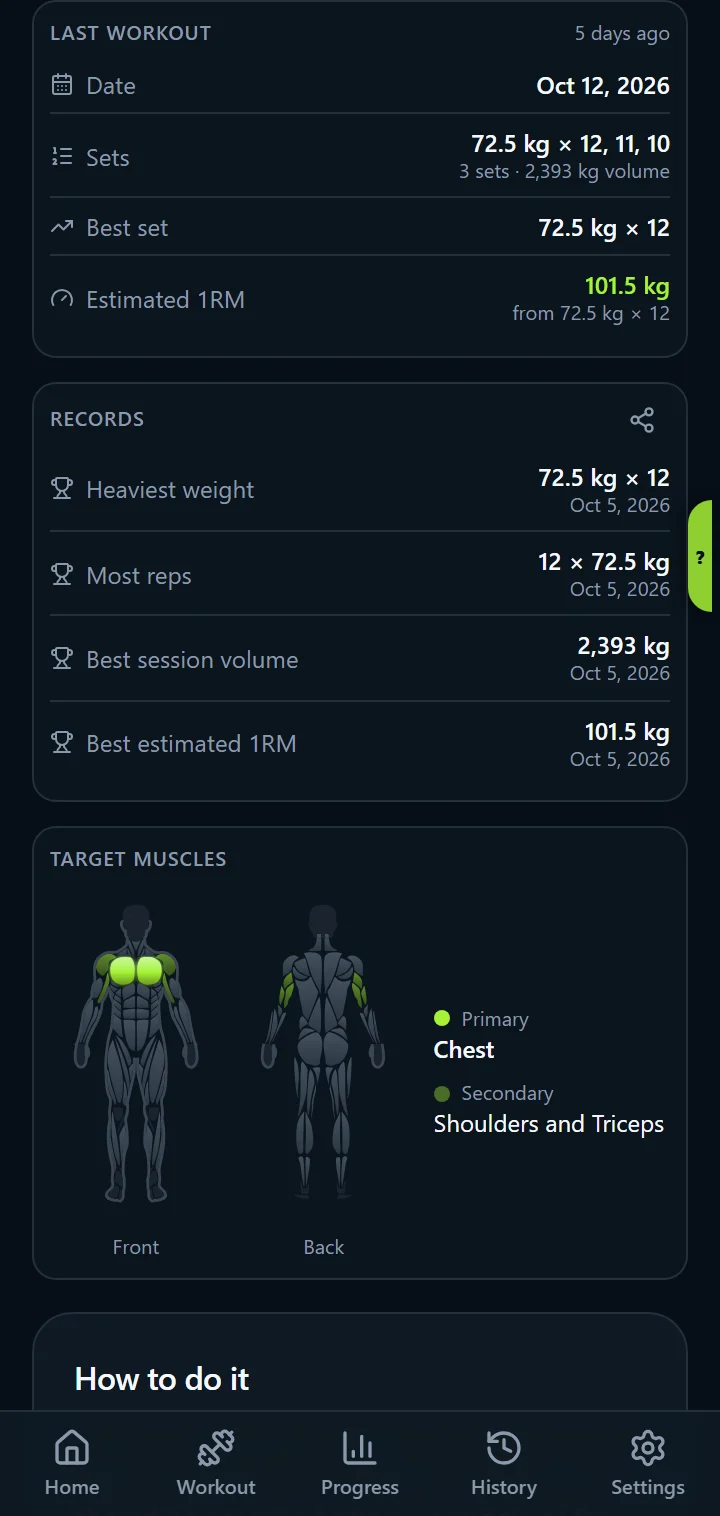 IronBuddy exercise page: last workout with sets, best set and estimated 1RM, and the records with their dates