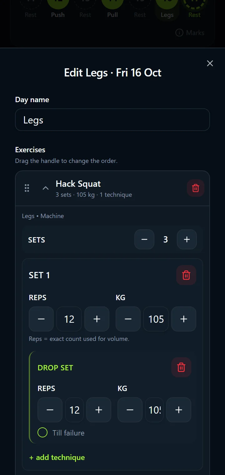 IronBuddy workout log with a drop set on the first set of hack squat: each drop has its own reps and weight