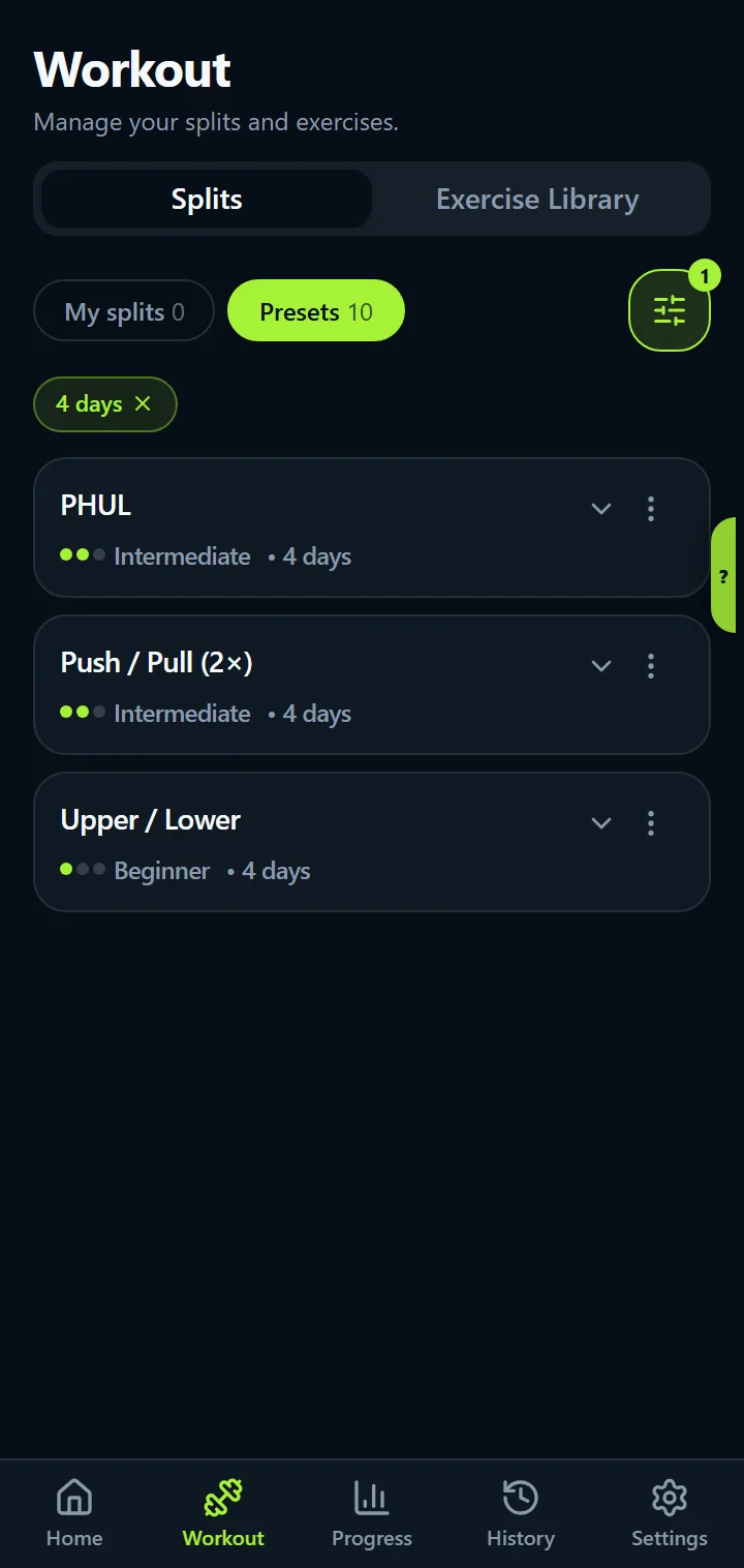 IronBuddy preset training splits filtered to four days a week: PHUL and Push / Pull (Intermediate), Upper / Lower (Beginner)