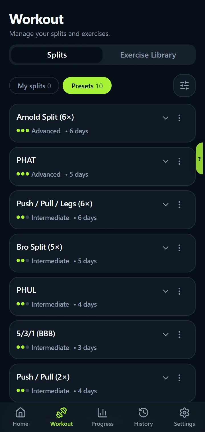 IronBuddy training split presets with their level: Arnold Split and PHAT (Advanced), then Push/Pull/Legs (6×), Bro Split, PHUL, 5/3/1 and Push/Pull (Intermediate), with filters