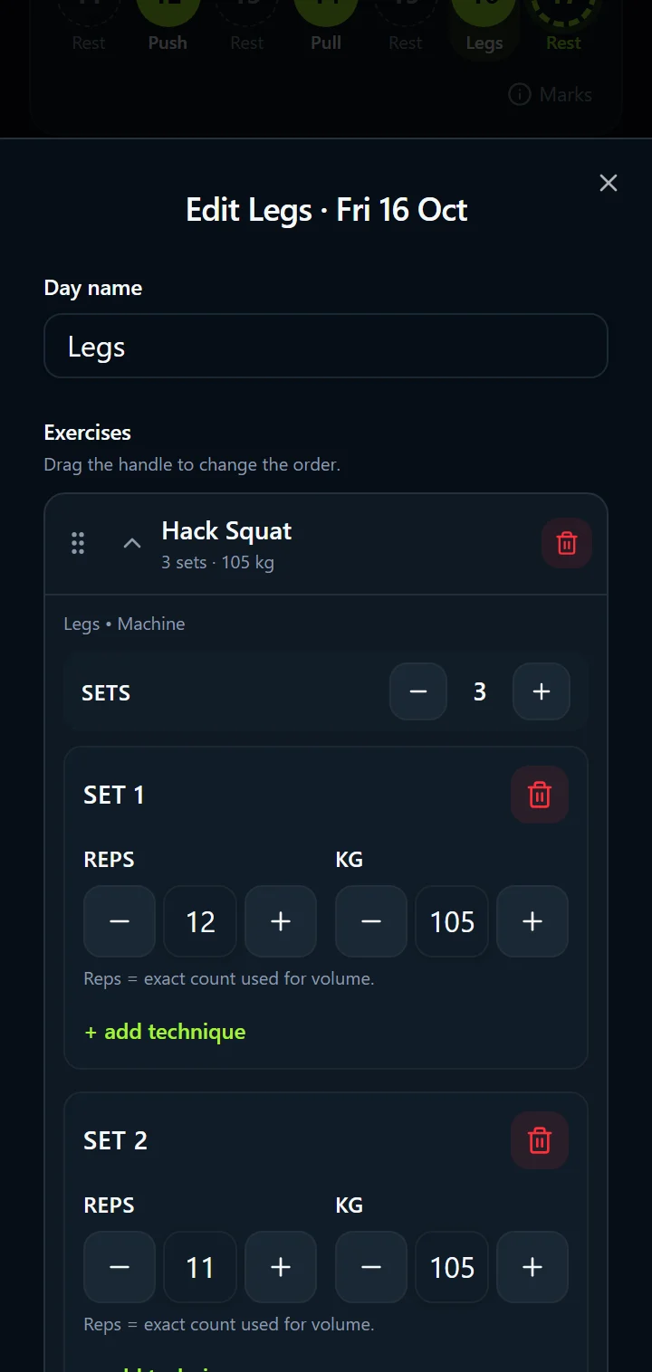 IronBuddy workout log: reps and weight for each set of hack squat on a legs day
